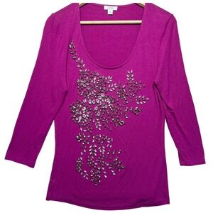 Cache Embellished Top Women's Medium Scoop Neck‎ 3/4 Sleeve Magenta Rhinestone